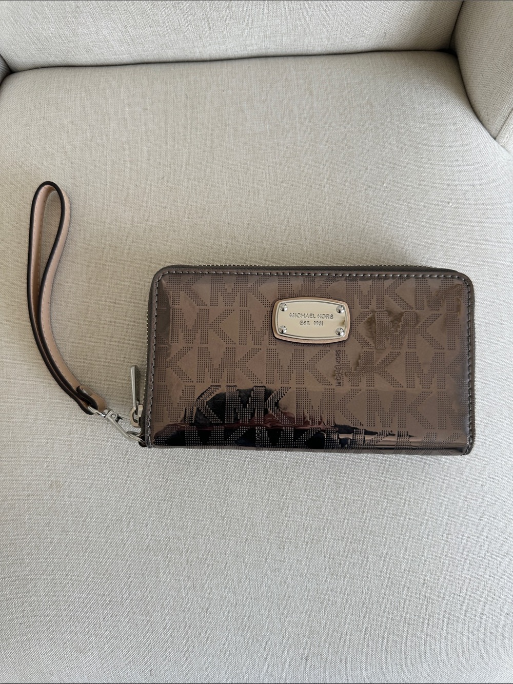 Michael Kors Brown Patent Logo Zip Wristlet Wallet